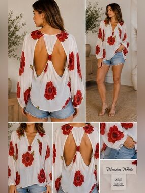 Winston White Floral Open Back Poppy Print Resort Boho Top